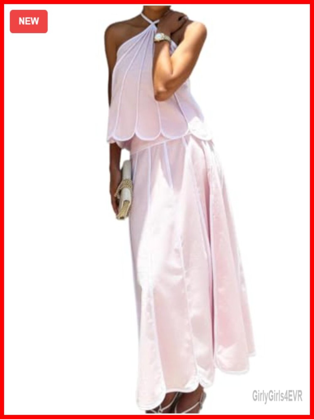 Women 2 Piece Outfit Halter Scallop Top & Maxi Skirt Set Sleeveless Summer